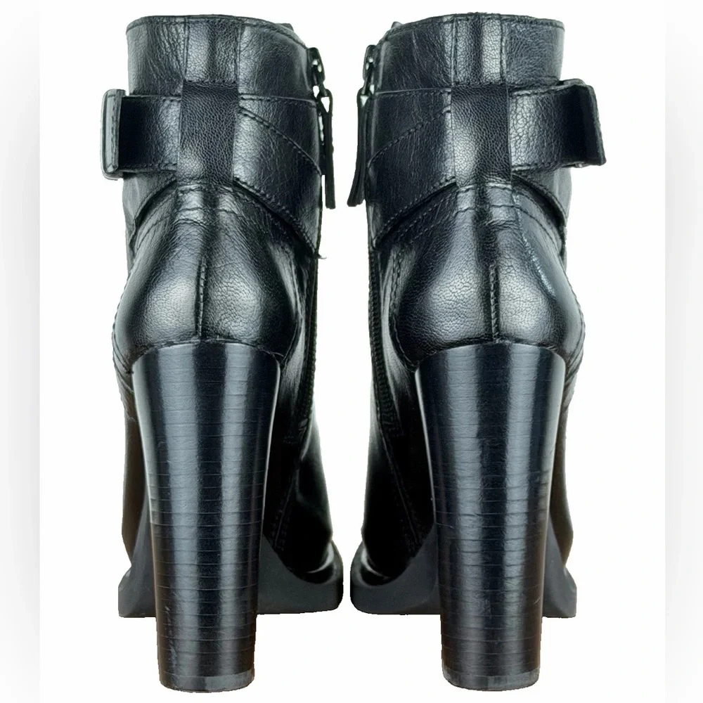 Nine West Sherbert Boots Women 5 Black Leather Moto Buckle Ankle Heeled Bootie